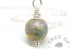 resin cremation ash pearl mermaid teal, genuine gold leaf and ashes, wire wrapped by hand with sterling silver wire