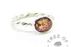 Ashes ring on twisted band with dragon's blood red resin sparkle mix and rose gold leaf