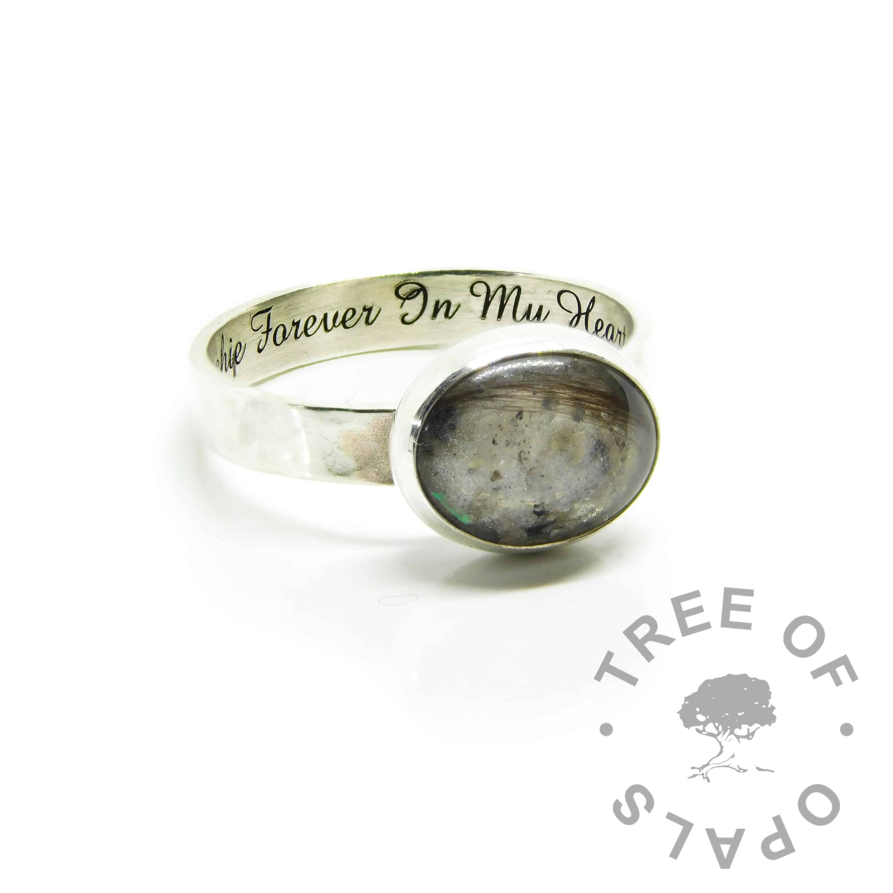 ashes and hair ring white, unicorn white resin sparkle mix, 3mm textured band ring setting, engraved inside in Amazone BT font