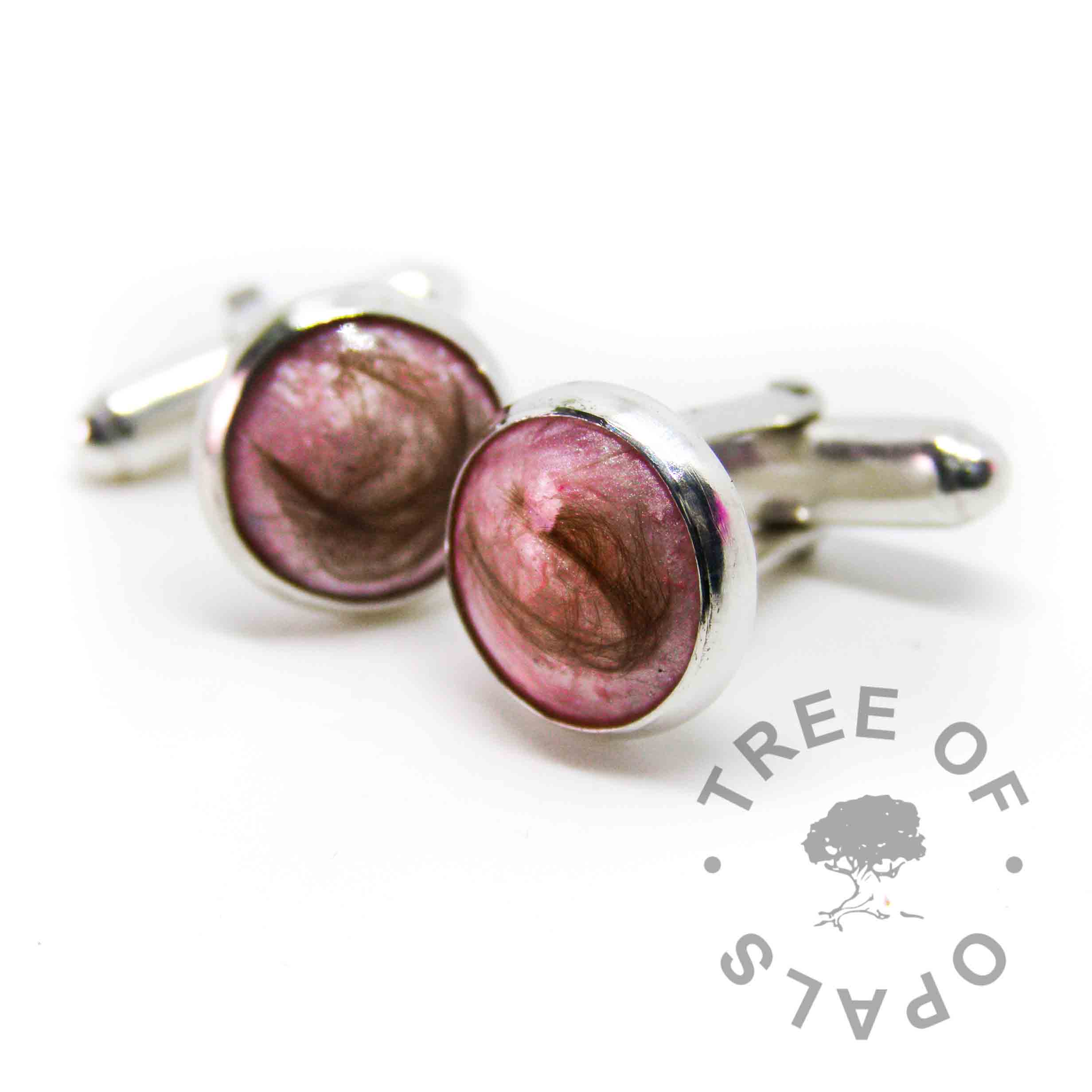 lock of hair cufflinks fairy pink sparkle in handmade solid sterling silver setting. *tw* baby hair memorial non-profit order, hair swirled round in the resin