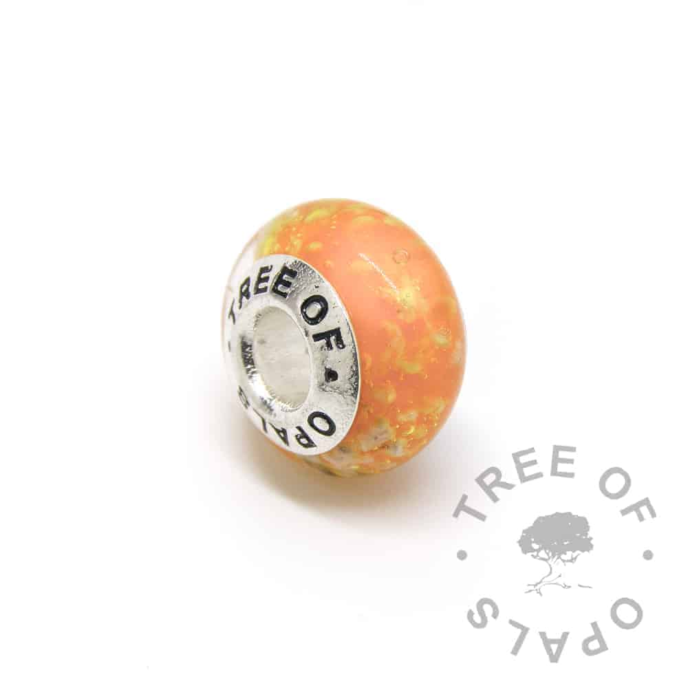 orange glass ash charm bead, solid sterling silver core for Pandora bracelets, memorial jewellery by Tree of Opals