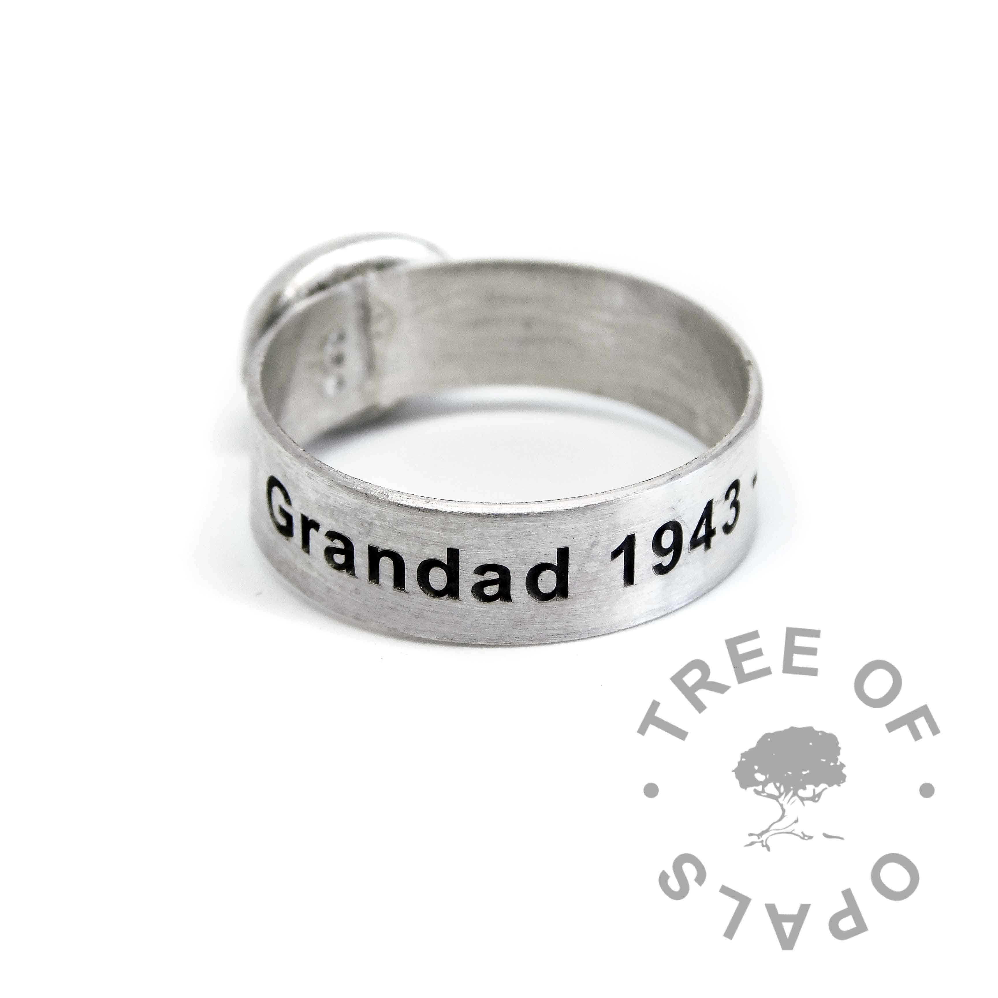 6mm brushed band ring engraved with a memorial name and dates