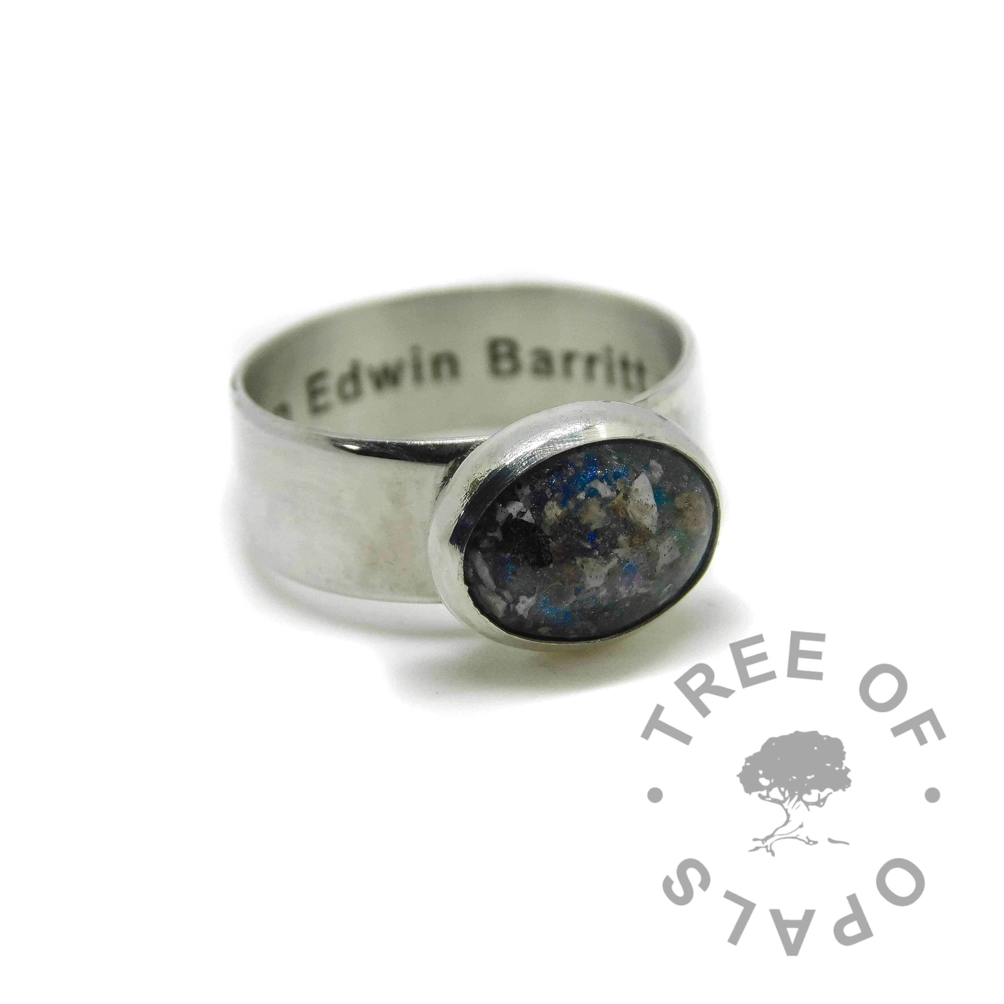 6mm wide band cremation ash ring with engraving, ash with Aegean blue sparkle mix