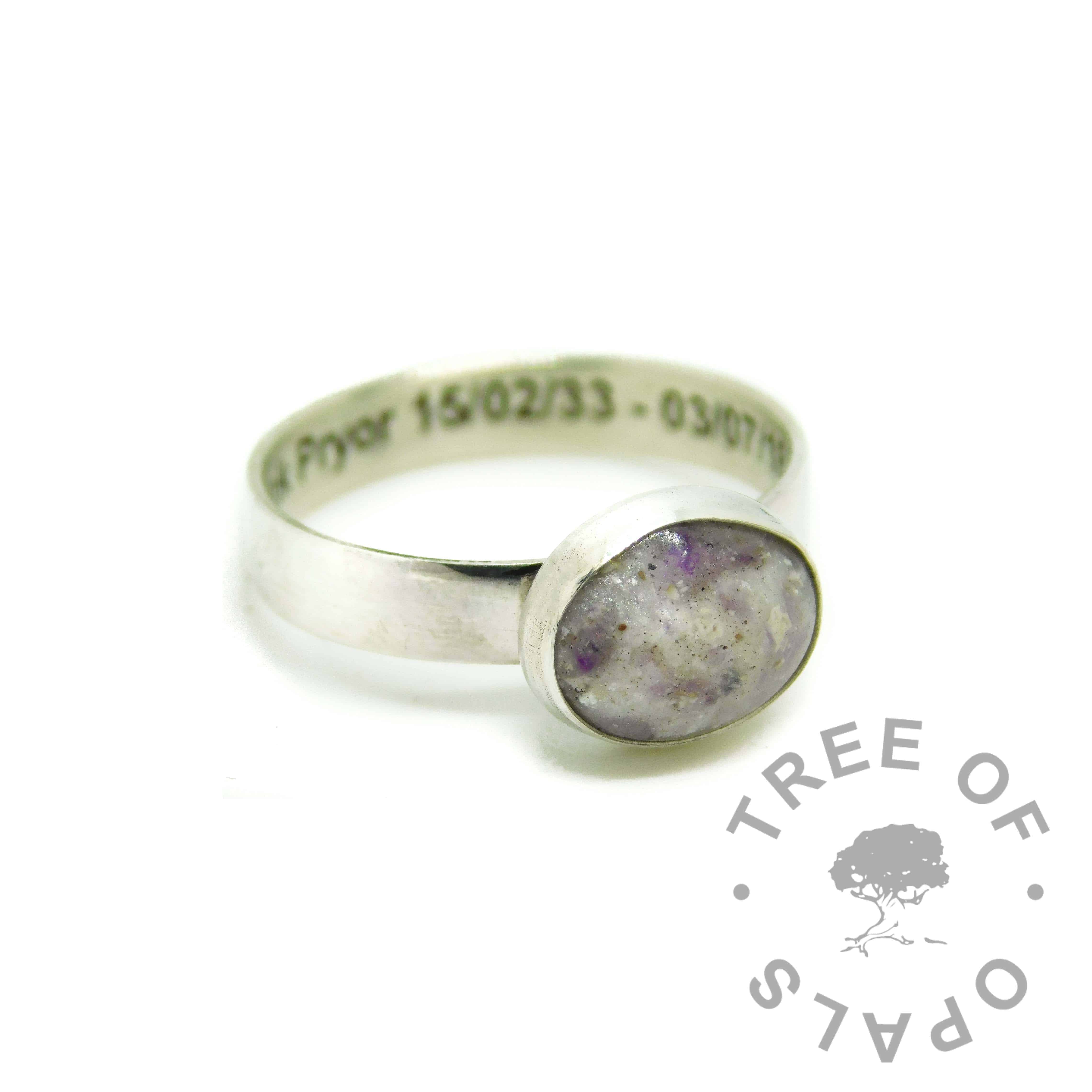 cremation ashes ring engraved on the inside in arial font. Ash and unicorn white resin sparkle mix, amethyst February birthstone