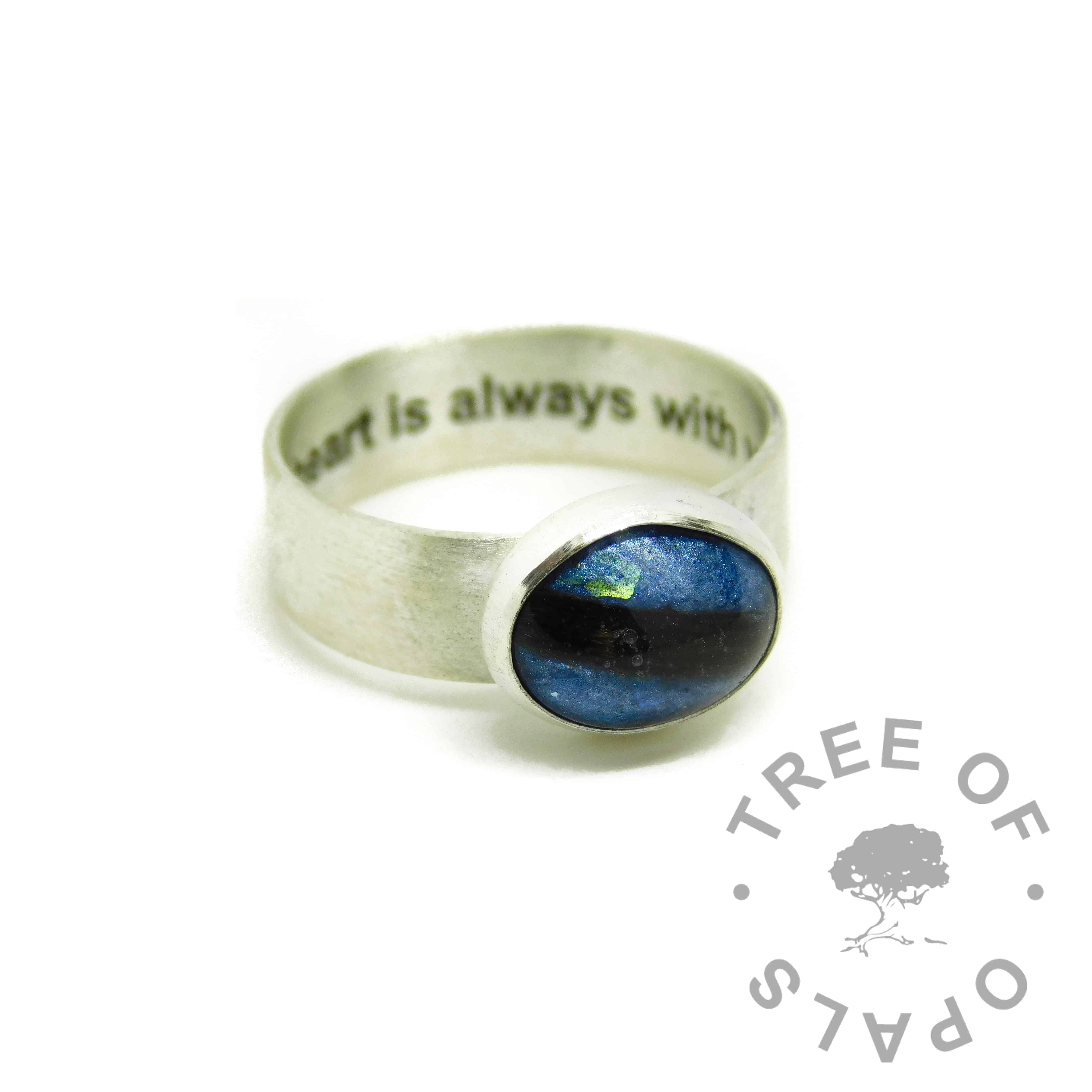 aegean blue resin sparkle mix and hair ring, 6mm shiny band engraved inside with arial font