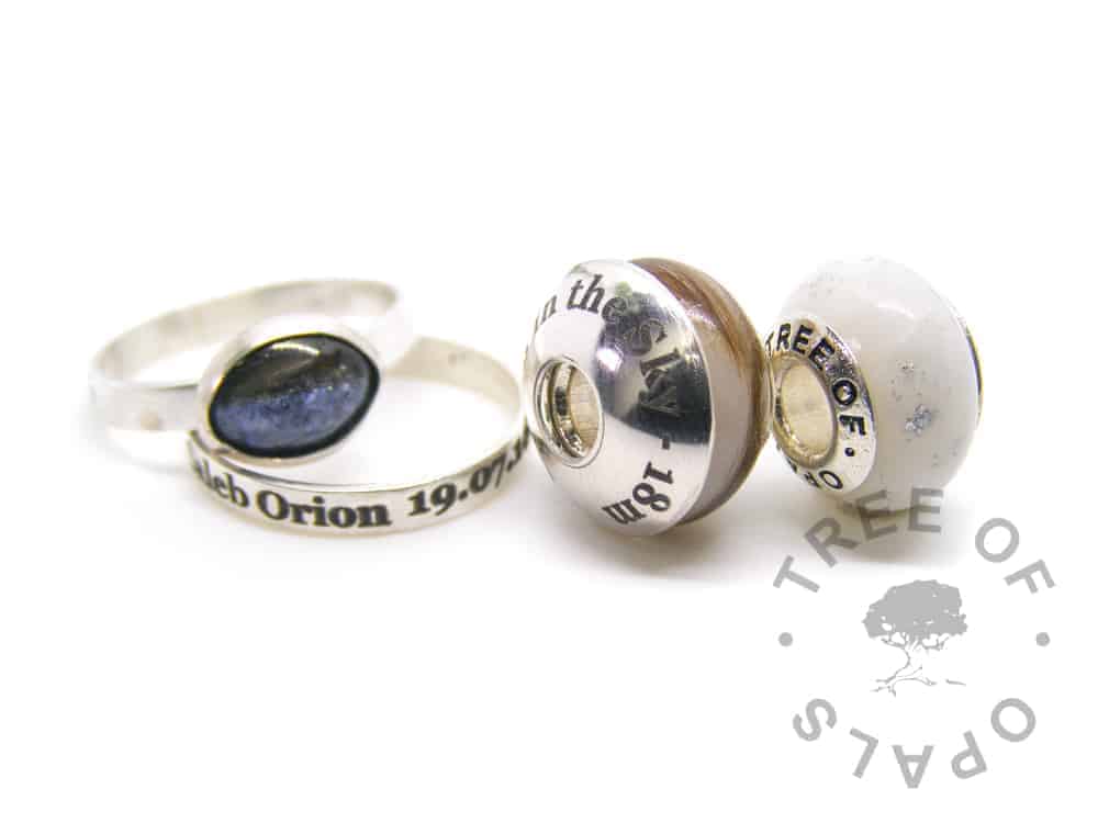 lock of hair breastmilk family order, laser engraved rings and charms with a laser engraved washer