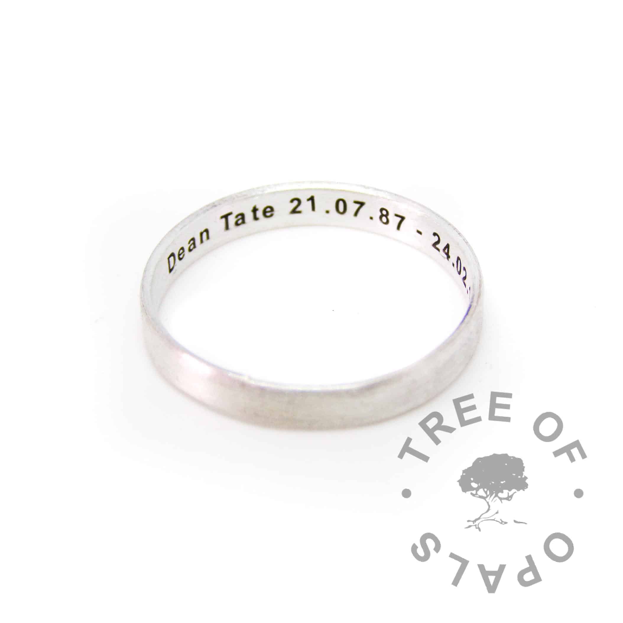 brushed band engraved silver stacking ring, 3mm wide silver totally handmade from scratch and engraved inside with a name and dates of birth and death
