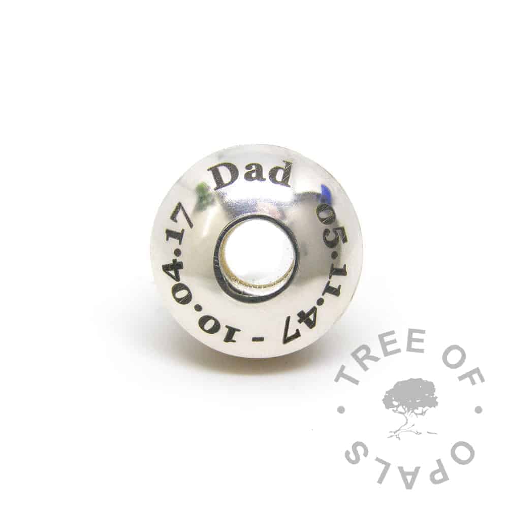 laser engraved charm washer with text (dates changed for privacy) for resin and lampwork charm beads and Pandora bracelets. Stoppers recommended to secure