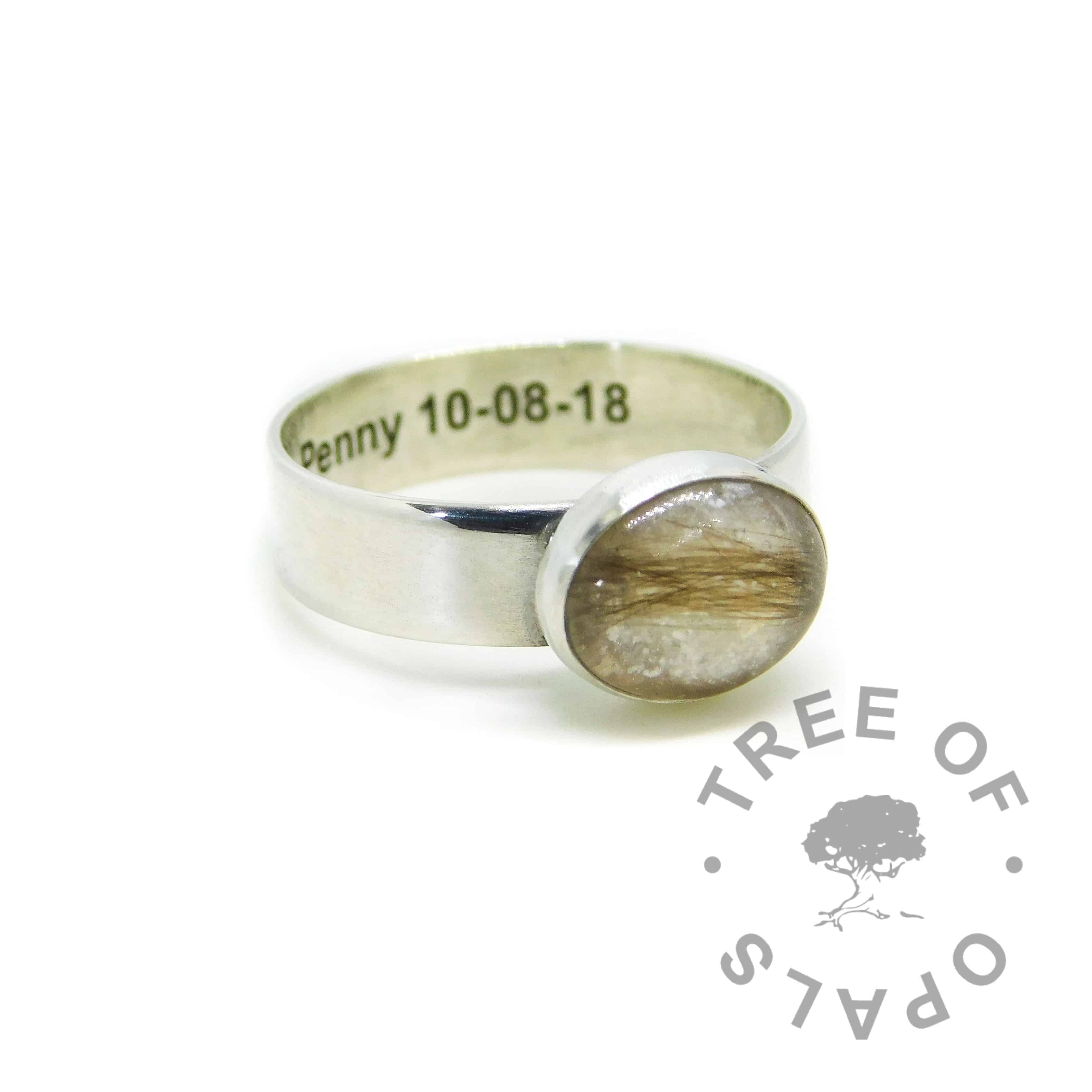 Engraved 6mm lock of hair ring with unicorn white sparkle mix and subtle August birthstone peridot. Engraved inside in Arial font. Handmade solid sterling silver memorial ring