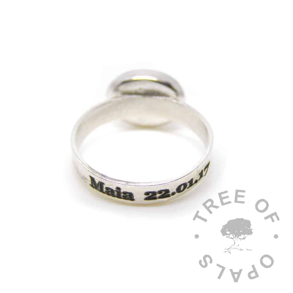 brushed band ring laser engraved text outside in solid sterling silver with 10x8mm bezel cup for memorial jewellery