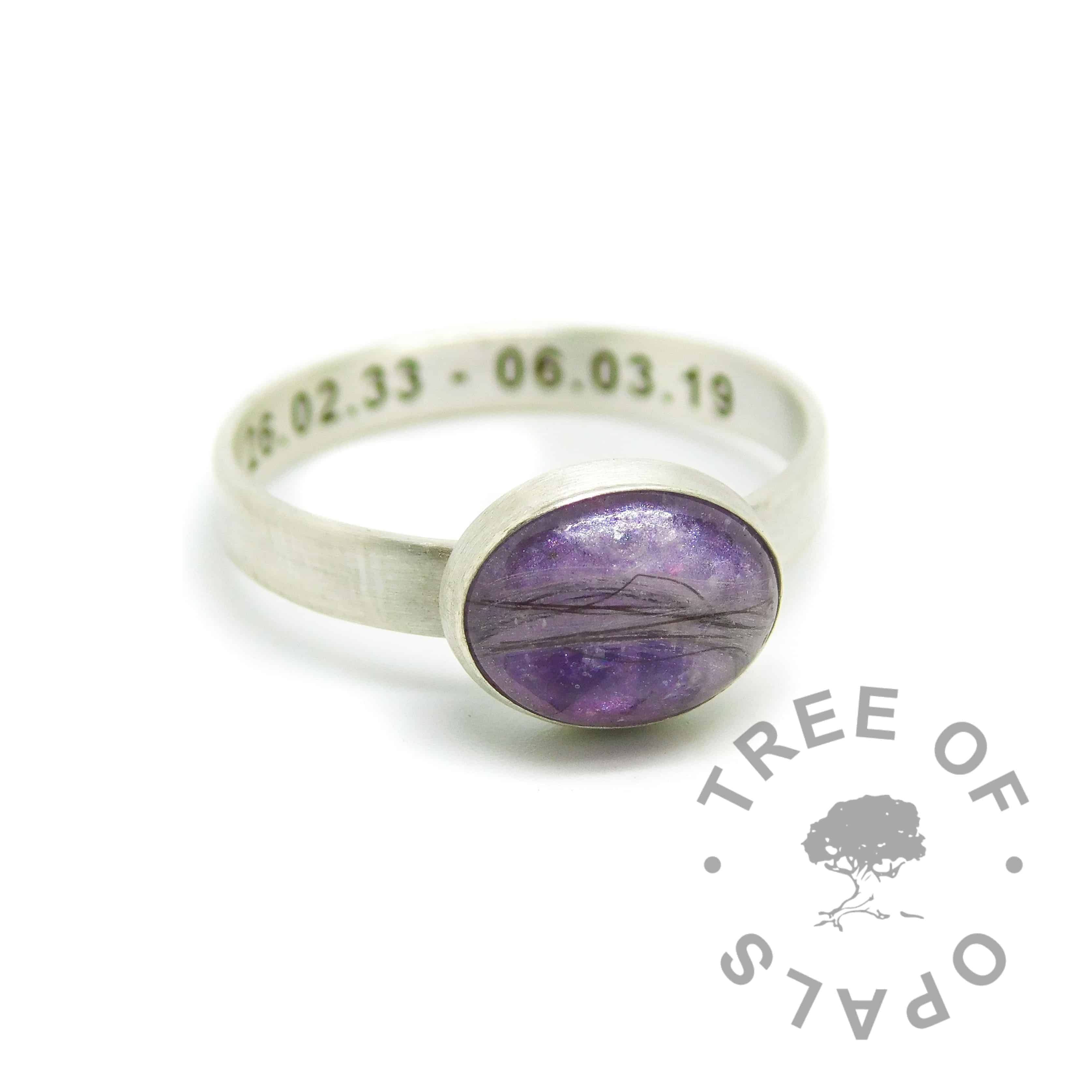 lock of ring with orchid purple resin sparkle mix, rough natural amethyst February birthstone. Handmade 3mm brushed engraved EcoSilver ring shank, 10x8mm bezel cup. Watermarked copyright Tree of Opals memorial jewellery image