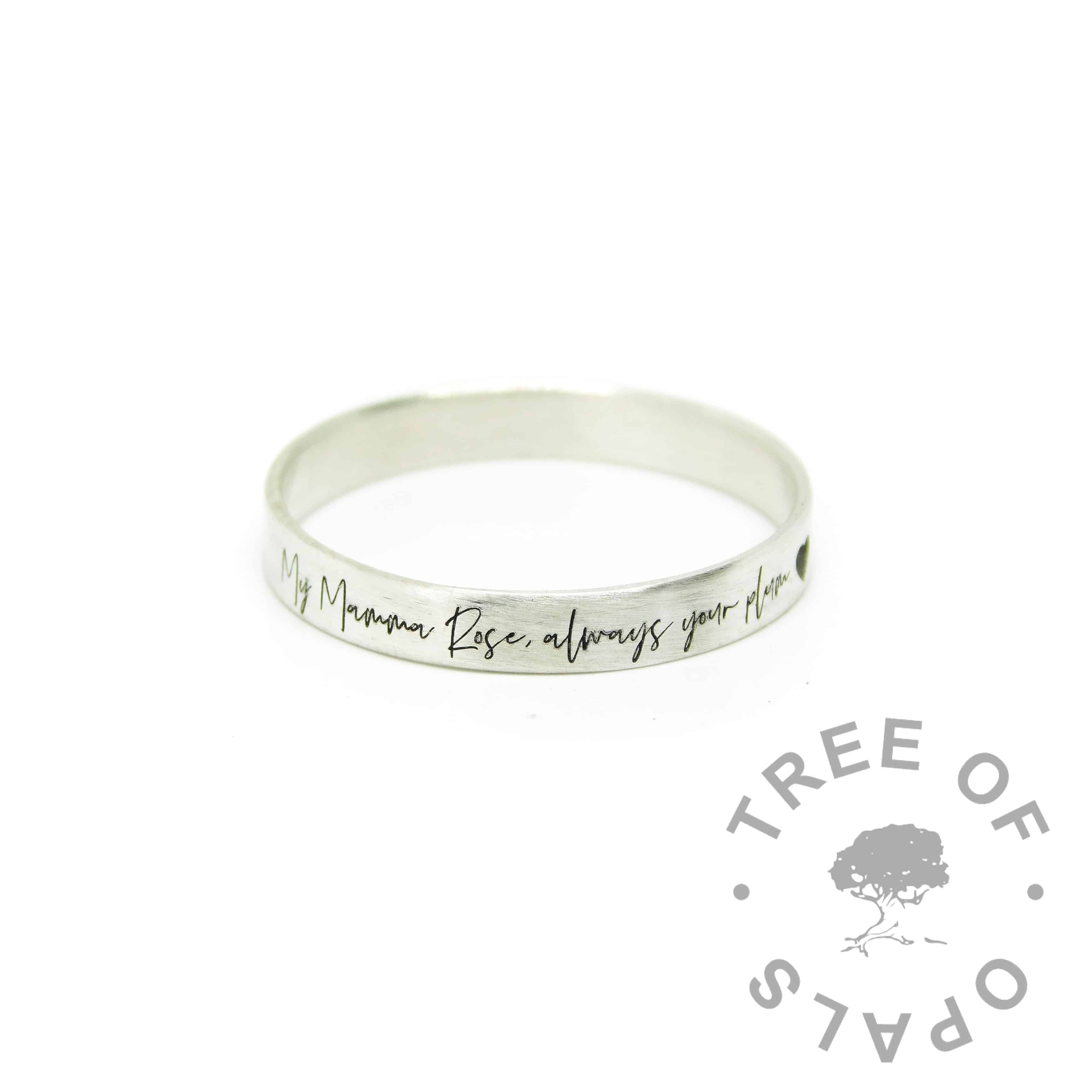 silver south script brushed ring, 3mm wide brushed stacking band, engraved on the outside with heart emoji at the end
