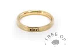 14ct gold ring engraved. Hallmarked solid 14ct yellow gold 2.6mm wide, 1.3mm deep comfort fit D-wire, handmade from scratch