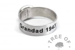 6mm brushed band ring engraved with a memorial name and dates