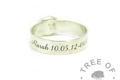 6mm shiny band engraved in Amazone BT font on the outside of the band. Child memorial ring