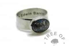 6mm wide band cremation ash ring with engraving, ash with Aegean blue sparkle mix
