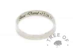 Engraved memorial ring in Vivaldi font, inside. Solid sterling EcoSilver handmade setting with brushed 3mm wire band style. No cabochon (stone)