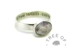 cremation ashes ring engraved on the inside in arial font. Ash and unicorn white resin sparkle mix, amethyst February birthstone
