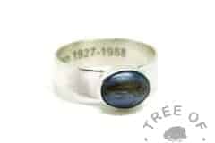 blue hair ring, lock of hair ring on 6mm shiny band with Arial font engraving on the inside. Aegean blue resin sparkle mix