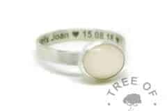 breastmilk ring with engraved text on the inside of the band with hearts, in Arial font. Solid sterling EcoSilver handmade ring. 10x8mm bezel cup rubbed over the cabochon for security.