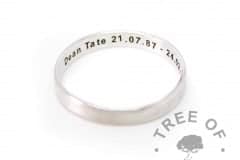 brushed band engraved silver stacking ring, 3mm wide silver totally handmade from scratch and engraved inside with a name and dates of birth and death