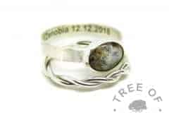 umbilical cord ring with December birthstone, engraved inside in arial font and twisted stacker