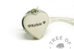 engraved heart necklace, engraved in Arial font with two heart emojis