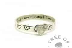 engraved ring with Silver South Serif font. Handstamped hearts and a soldered heart accent in textured recycled silver
