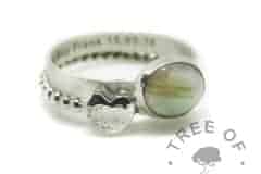 engraved lock of hair ring with peridot and unicorn white sparkles and bubble wire and textured heart accent stacker
