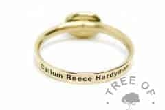 gold engraved ring 14ct with name. Minimum ring width 2mm, hallmarked solid gold band