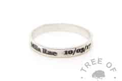 laser engraved brushed wide band ring in solid sterling silver, text only engraving