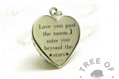 love you past the moon engraved heart necklace, Silver South Serif font