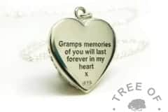 memories of you engraved heart necklace. Arial font