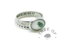 milk ring tree breastmilk and May birthstone emerald on tree bark ring (special request) engraved with DOB shown with bubble wire stacking band. Handmade solid sterling silver keepsake jewellery by Tree of Opals