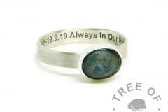 teal ashes ring, cremation ashes ring on brushed band. Mermaid teal resin sparkle mix. Engraved inside in Arial font