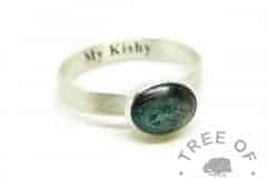 teal engraved fur ring, engraved with Times New Roman font on the inside of the band. Brushed band, mermaid teal resin sparkle mix