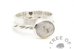 Ashes ring on twisted band with unicorn white resin sparkle mix. Shown with engraved stacking ring in Silver South Script font