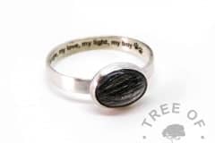 unicorn white lock of hair ring, 3mm brushed band and 10x8mm dog fur cabochon, engraved text