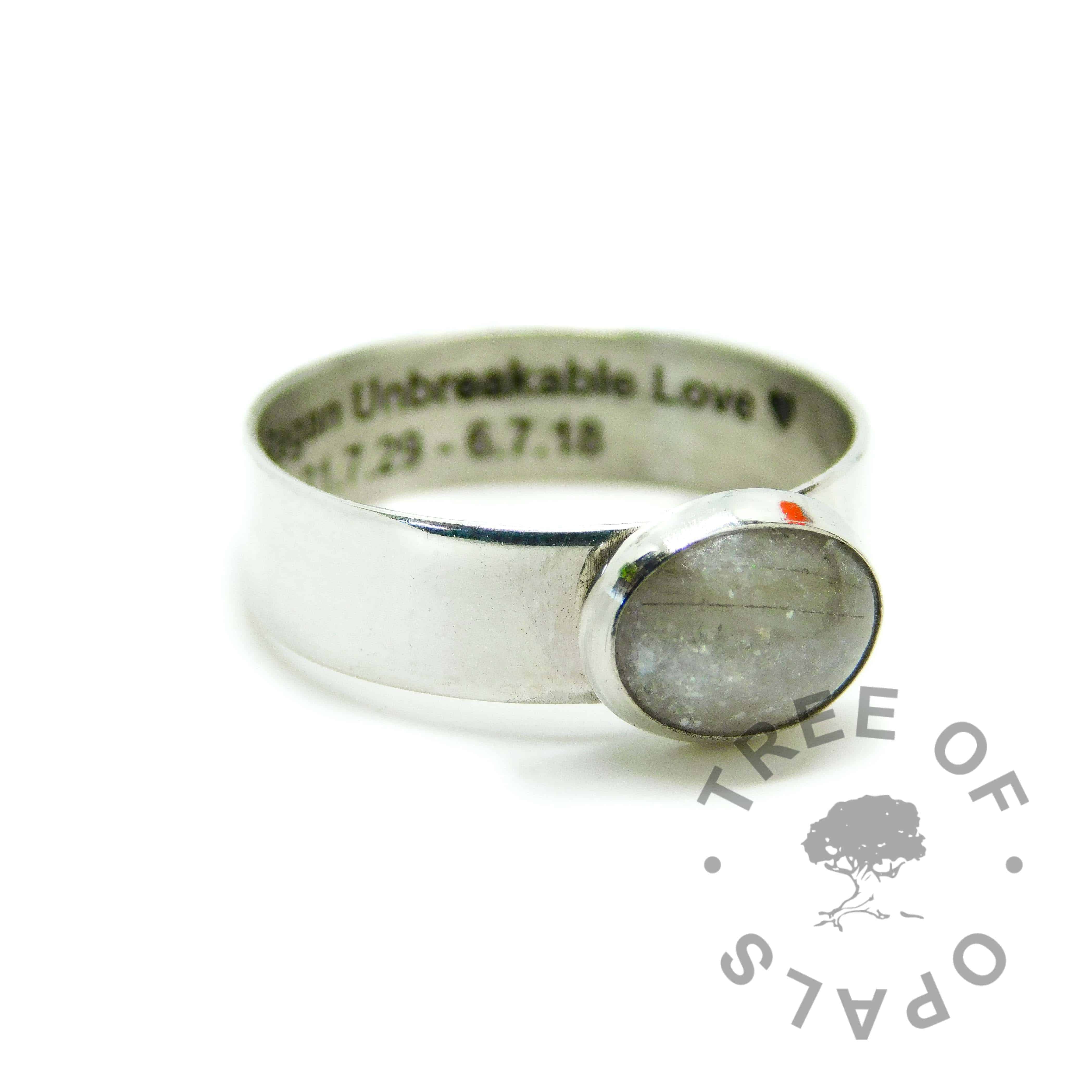 6mm shiny band hair ring engraved inside memorial in arial font, white hair and unicorn white resin sparkle mix
