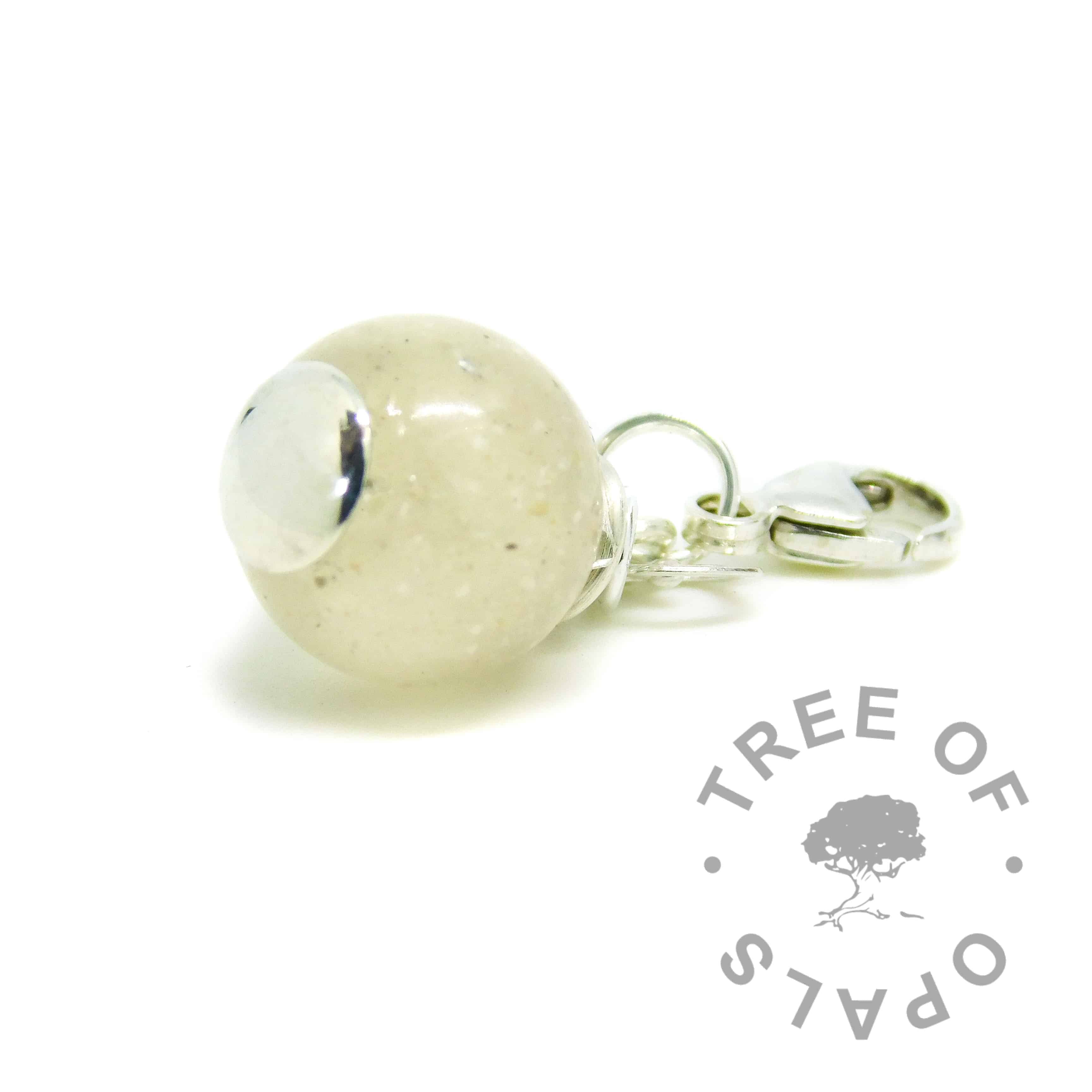 Handmade solid sterling silver cremation ash dangle charm pearl for Thomas Sabo style bracelets, lobster clasp, resin and cremation ashes with unicorn white sparkle mix. New style flat base!