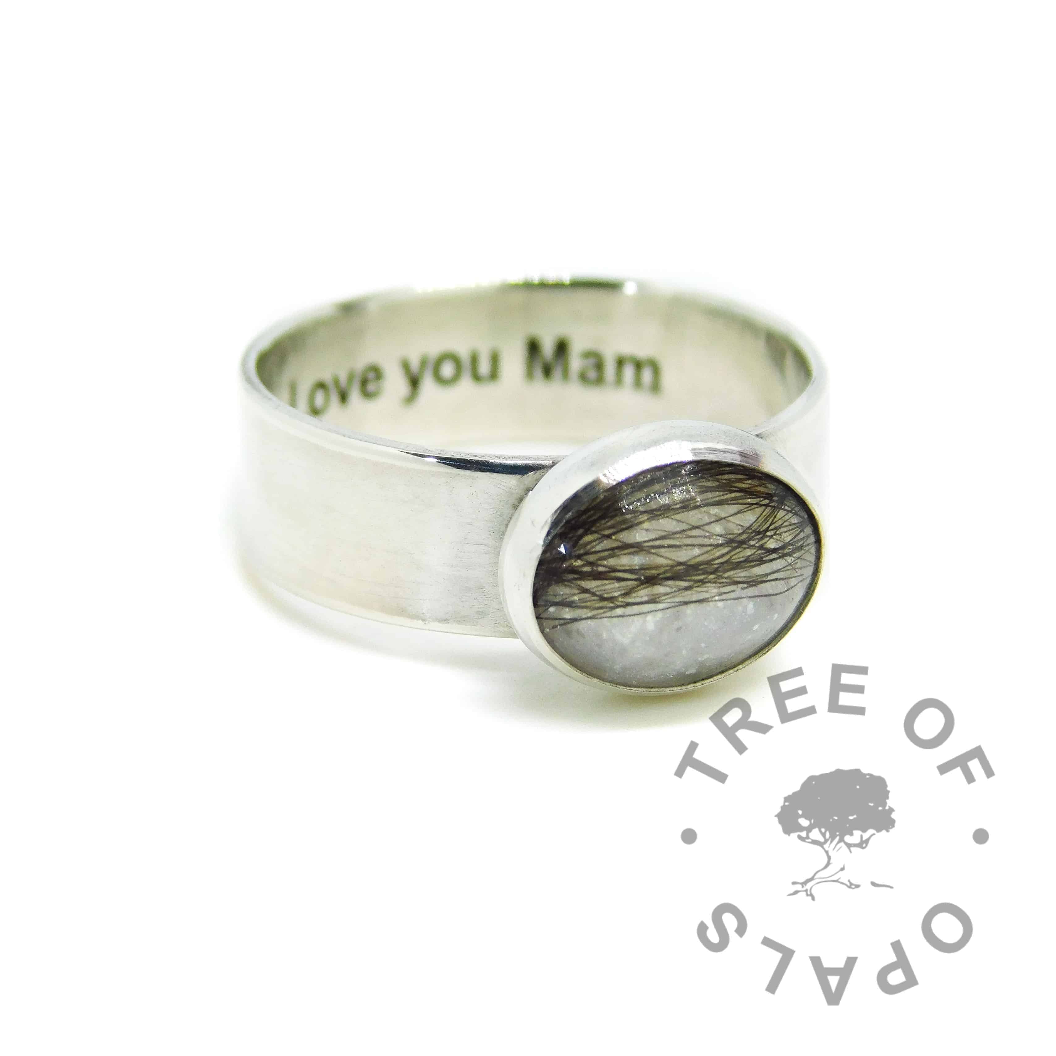Engraved 6mm lock of hair ring with unicorn white sparkle mix and dark brown hair. Engraved inside in Arial font. Handmade solid sterling silver memorial ring