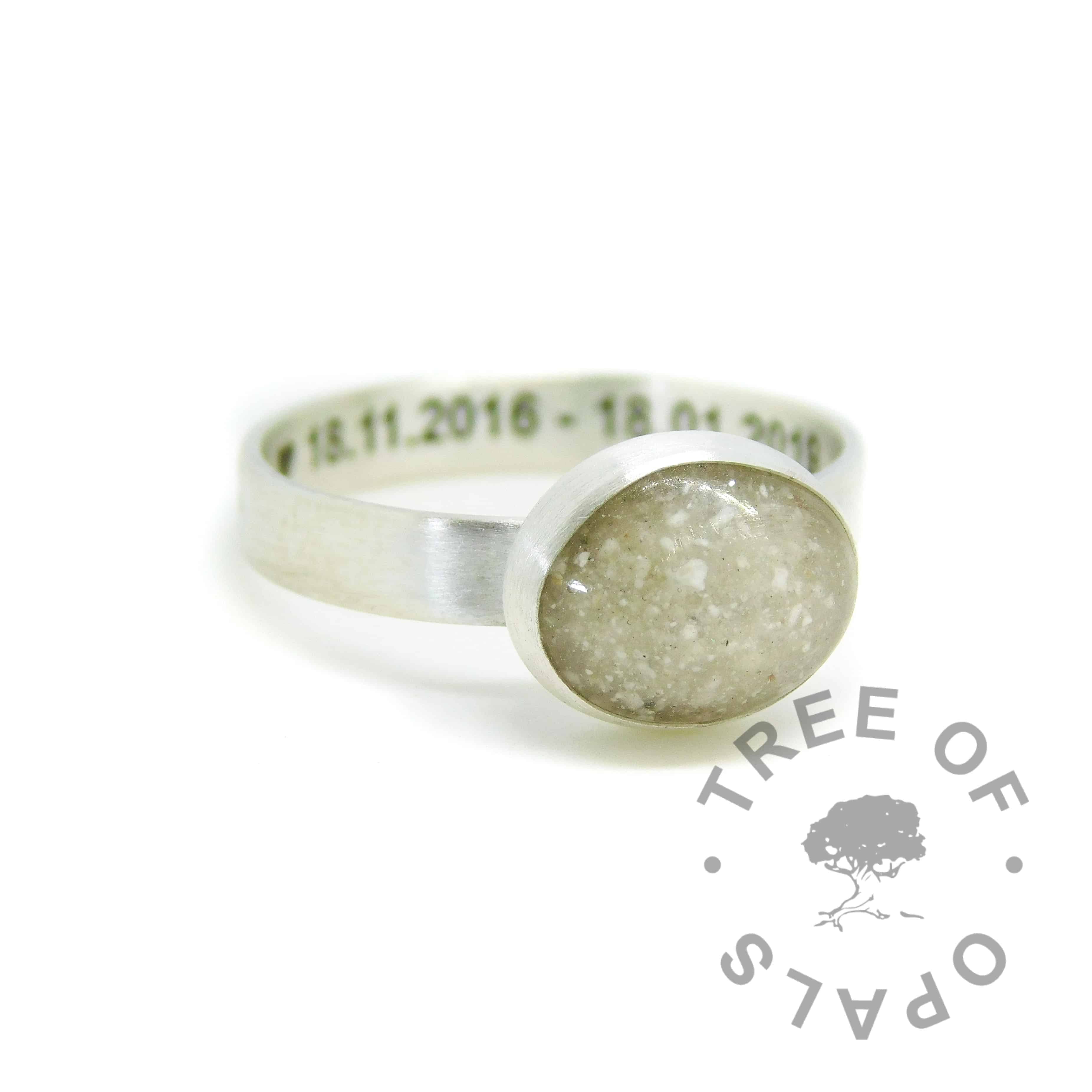 Engraved brushed band cremation ash ring with unicorn white sparkle mix. Engraved inside in Arial font and hearts.  Handmade solid sterling silver memorial ring