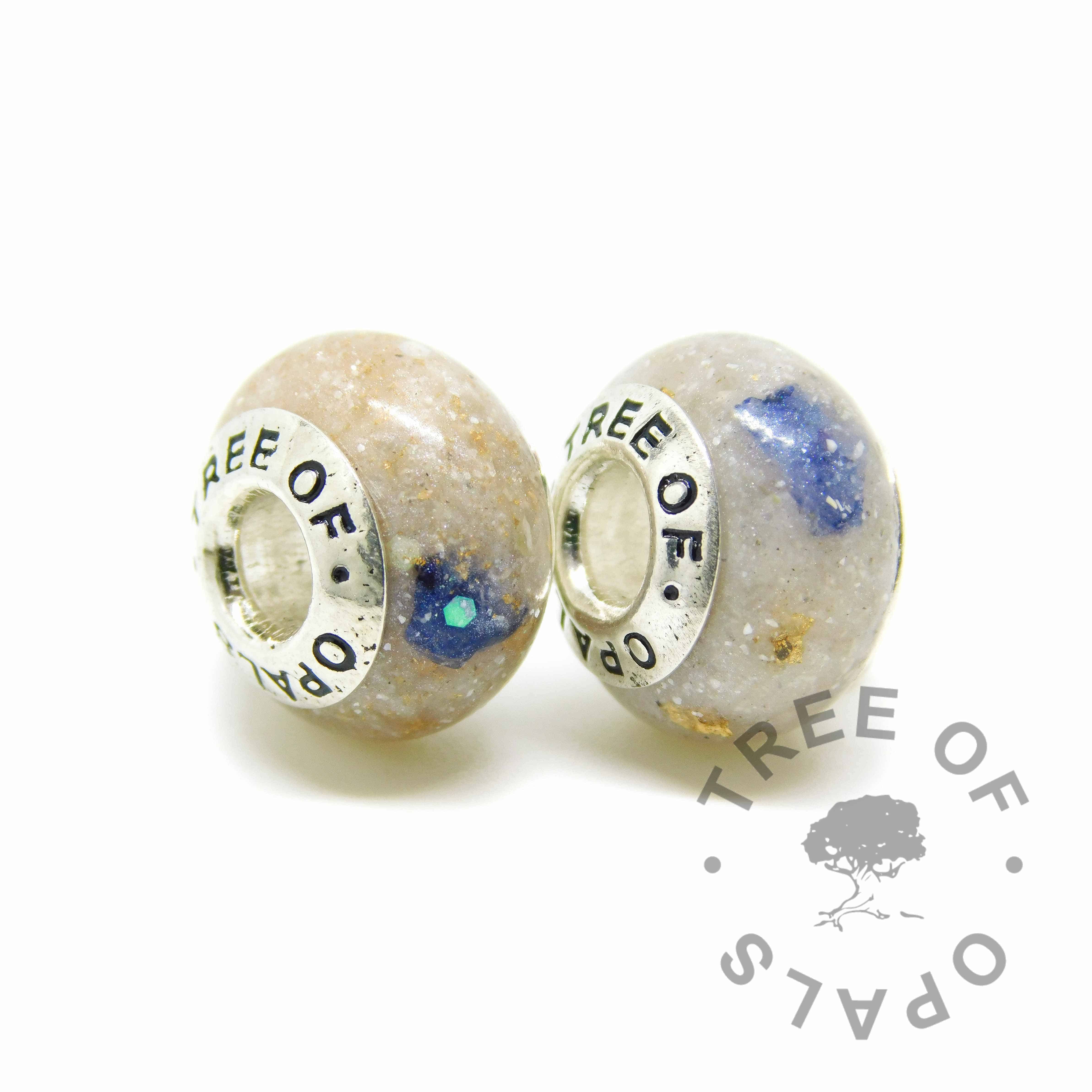 Cremation ash charm duo beads with September birthstone sapphire, rose gold leaf and unicorn white resin sparkle mix
