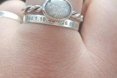 customer's own cremation ash ring with unicorn white sparkles, engraved brushed 3mm band stacking ring