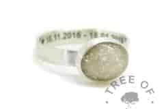 Engraved brushed band cremation ash ring with unicorn white sparkle mix. Engraved inside in Arial font and hearts.  Handmade solid sterling silver memorial ring