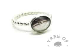 horse hair ring white, unicorn white resin sparkle mix, dark horse hair, 2mm bubble band ring setting