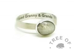 white ashes ring, cremation ashes ring on brushed band. Unicorn white resin sparkle mix, naturally light ashes. Engraved inside in Arial font