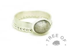white ashes ring  and bubble wire stacker. Unicorn white resin sparkle mix and cremation ashes on a brushed band