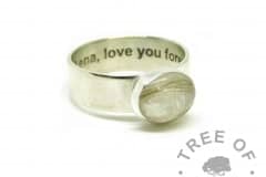 white hair ring, lock of hair ring on 6mm shiny band with Arial font engraving on the inside. Unicorn white resin sparkle mix. Love you forever