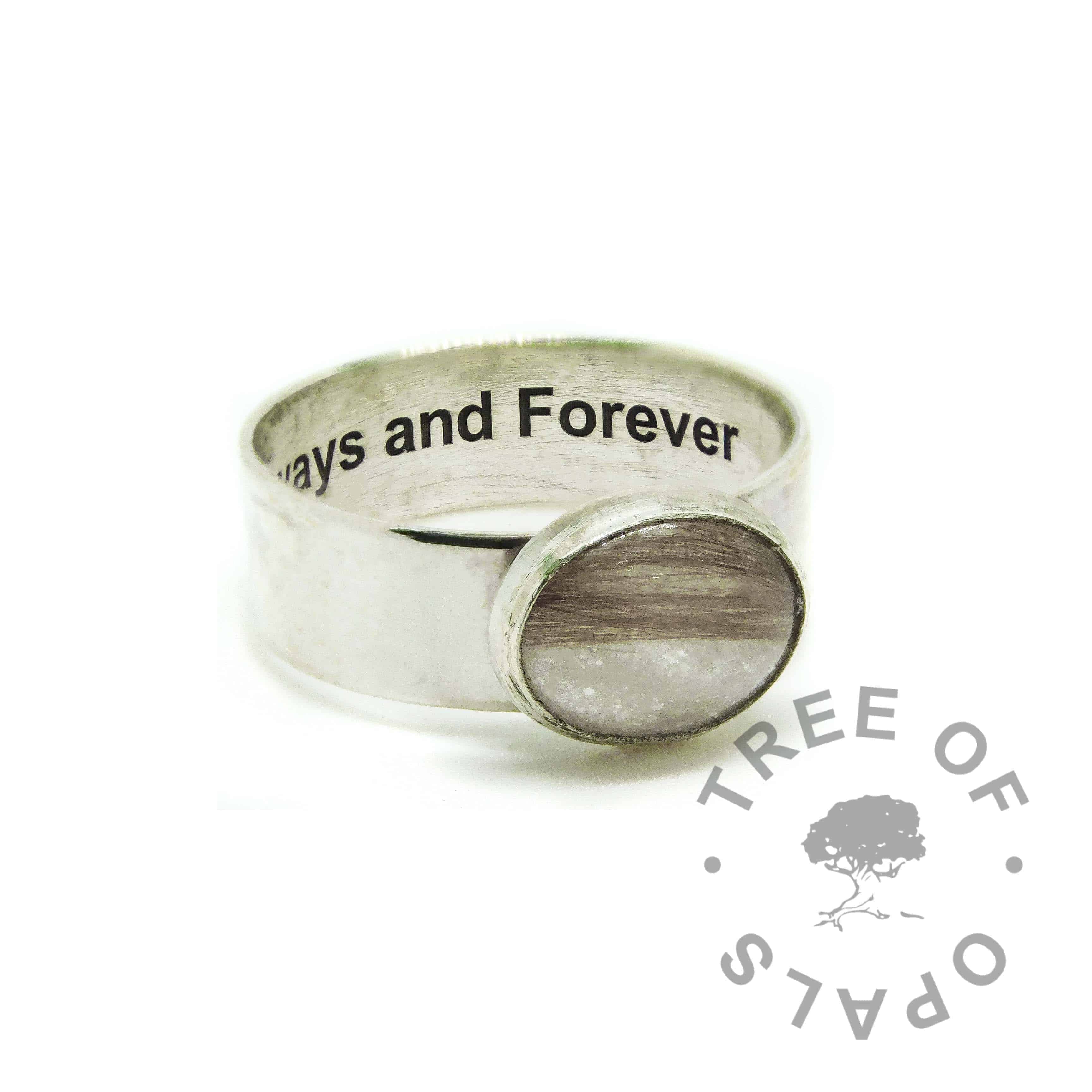 engraved solid eco silver 6mm wide band shiny ring with brown hair and white sparkle mix
